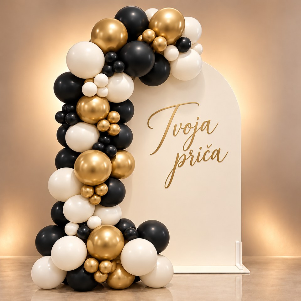 Aurelia balonska dekoracija – crna i zlatna, primjer personalizacije