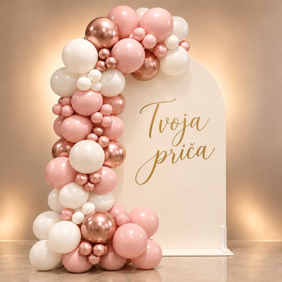 Aurelia balonska dekoracija – puder roza i rose gold, primjer personalizacije