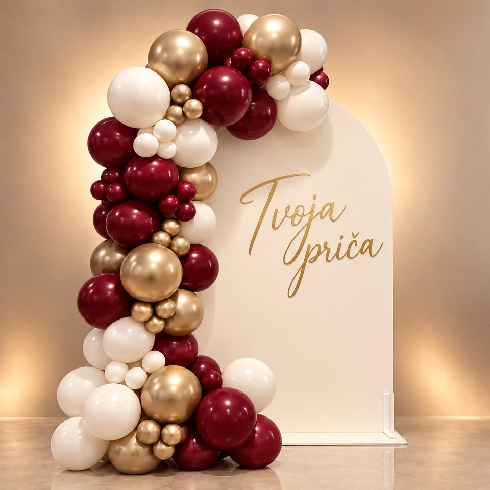 Aurelia balonska dekoracija – bordo i šampanjac, primjer personalizacije