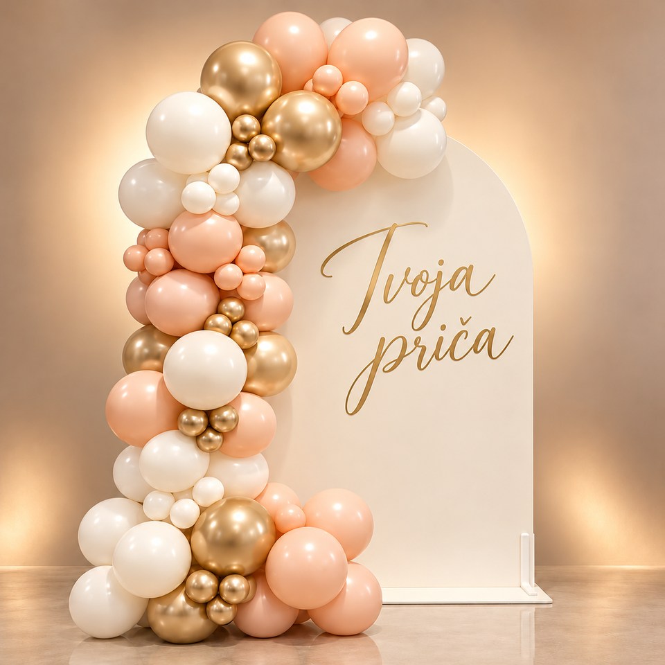 Aurelia balonska dekoracija – šampanjac i breskva, primjer personalizacije