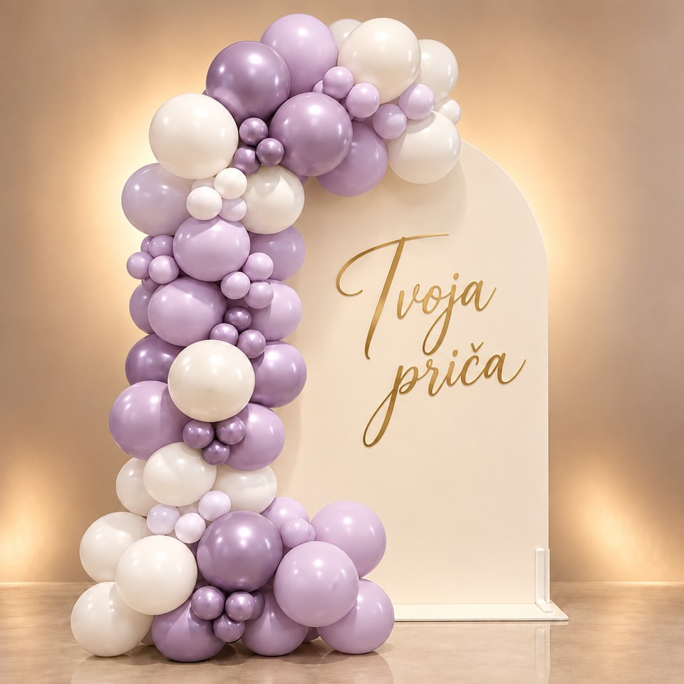 Aurelia balonska dekoracija – lavanda i biserna, primjer personalizacije