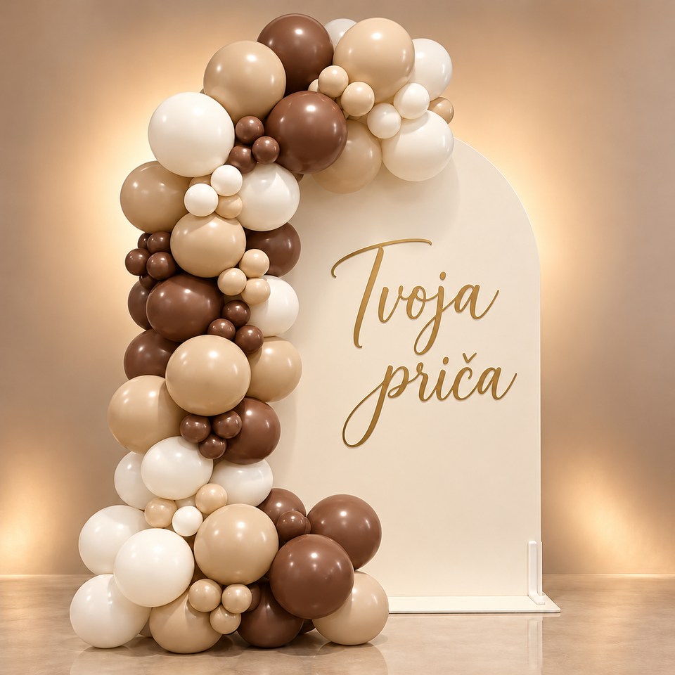 Aurelia balonska dekoracija – pijesak i mocha, primjer personalizacije