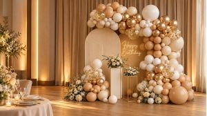 Champagne, ivory i zlatna balonska dekoracija u elegantnom prostoru za slavlje
