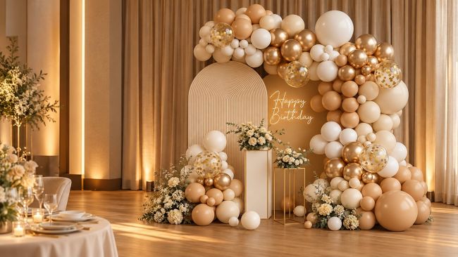 Champagne, ivory i zlatna balonska dekoracija u elegantnom prostoru za slavlje